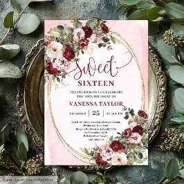Classic Burgundy Floral Gold Sweet Sixteen Card Kaart