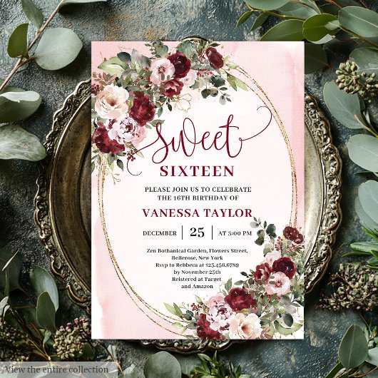 Classic Burgundy Floral Gold Sweet Sixteen Card Kaart
