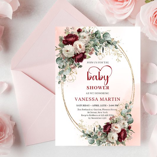 Classic Burgundy Flowers Gold Baby Shower Invite Kaart