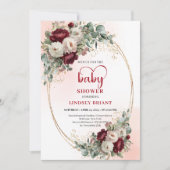 Classic Burgundy Flowers Gold Baby Shower Invite Kaart (Voorkant)