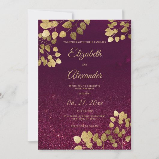 Classic burgundy glitter gold eucalyptus Wedding Kaart (Voorkant)