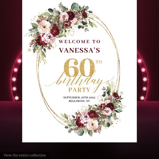 Classic Burgundy Gold Floral 60th Birthday Banner Wandkleed