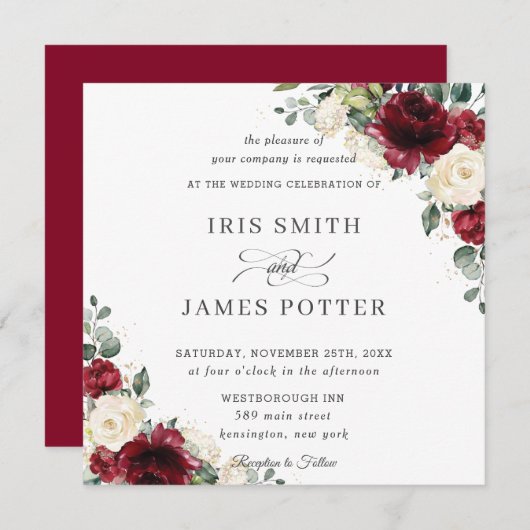 Classic Burgundy Ivory Floral Wedding Square Kaart (Voorkant / Achterkant)
