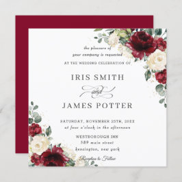 Classic Burgundy Ivory Floral Wedding Square Kaart