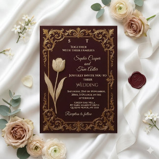 Classic Burgundy Ivory Gold Baroque Tulips Wedding Kaart