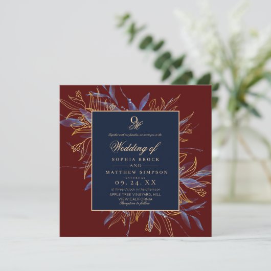 Classic Burgundy Navy Blue Floral Wedding Kaart (Staand voorkant)