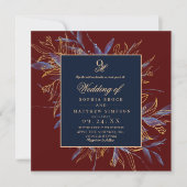 Classic Burgundy Navy Blue Floral Wedding Kaart (Voorkant)