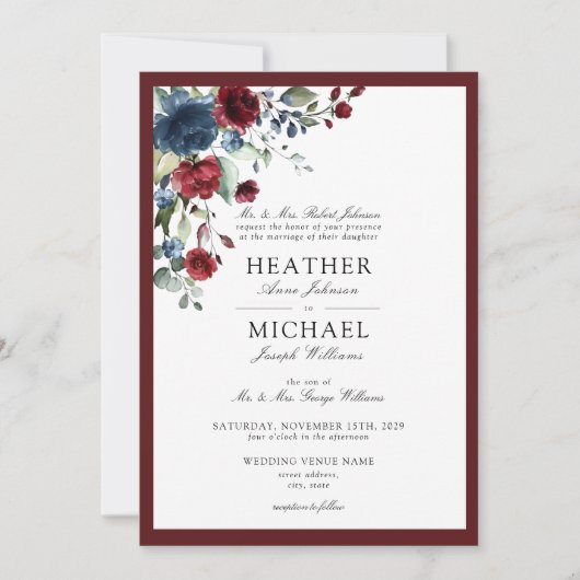 Classic Burgundy & Navy Floral Waterverf Script Kaart (Voorkant)
