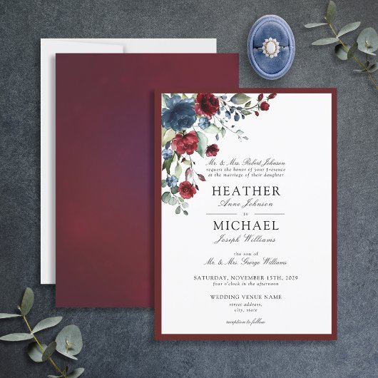 Classic Burgundy & Navy Floral Waterverf Script Kaart