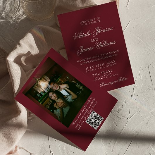Classic Burgundy Old Money QR Code Photo Wedding Kaart