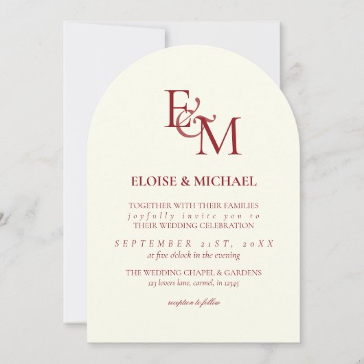 Classic Burgundy Red Monogram Minimalist Wedding Kaart (Voorkant)