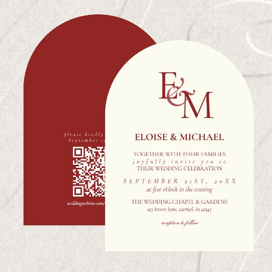 Classic Burgundy Red Monogram Minimalist Wedding Kaart