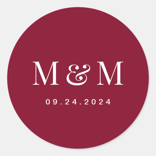 Classic  Burgundy Red Monogram Typography Wedding Ronde Sticker (Voorkant)