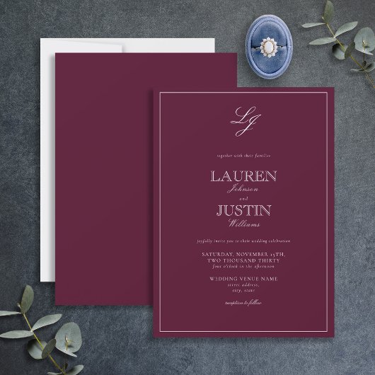 Classic Burgundy Script Monogram Weddenschap Kaart