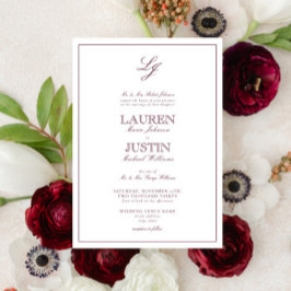 Classic Burgundy Script Monogram Weddenschap Kaart