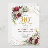 Classic Burgundy White Roses 90th Birthday Invite Kaart (Voorkant)
