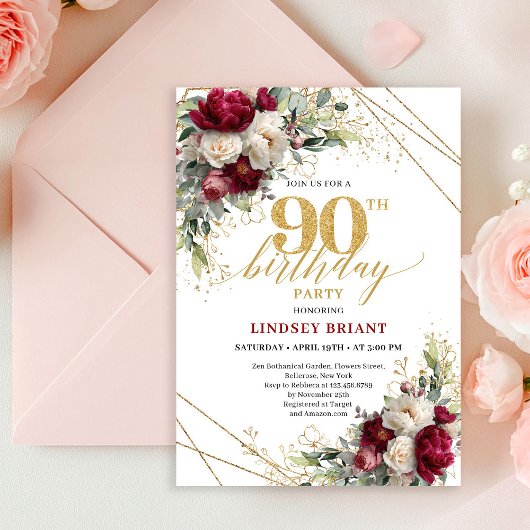 Classic Burgundy White Roses 90th Birthday Invite Kaart
