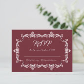 Classic Burgundy Wine Ornately Framed Wedding RSVP Kaartje (Staand voorkant)