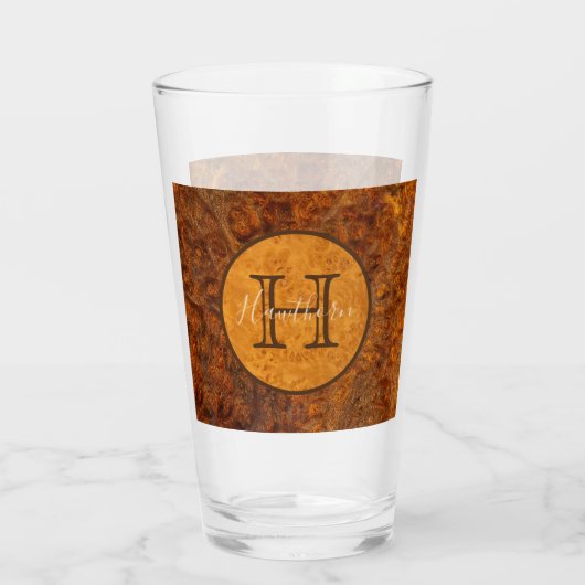 Classic Burl Wood Tone Round Monogram Glas (Achterkant)