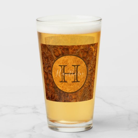Classic Burl Wood Tone Round Monogram Glas (Voorkant gevuld)