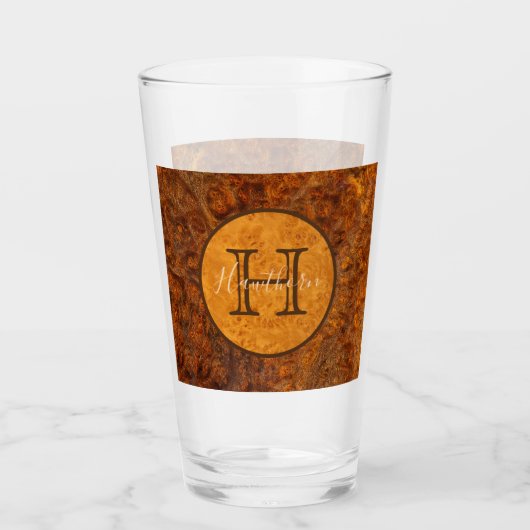 Classic Burl Wood Tone Round Monogram Glas (Voorkant)