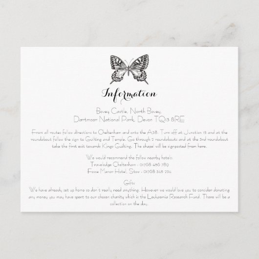 Classic Butterfly Wedding Informatie Kaart (Voorkant)