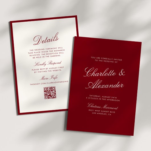 Classic Calligraphy Deep Red Old Money Wedding Kaart