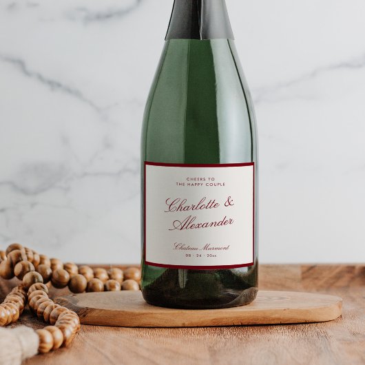 Classic Calligraphy Deep Red Old Money Wedding Sparkling Wijnetiket