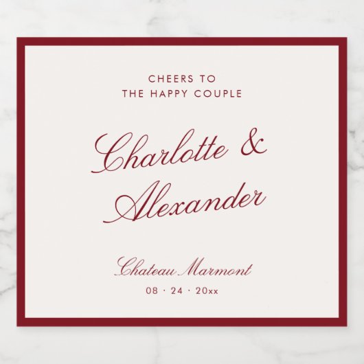 Classic Calligraphy Deep Red Old Money Wedding Sparkling Wijnetiket (Enkel label)