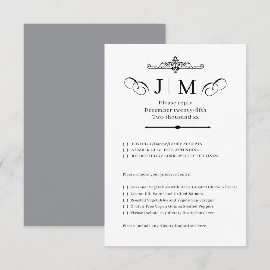 Classic Calligraphy Monogram Wedding RSVP Kaartje (Voorkant / Achterkant)