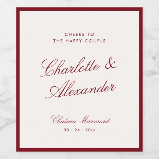 Classic Calligraphy Old Money Deep Red Wedding Wijn Etiket (Enkel label)