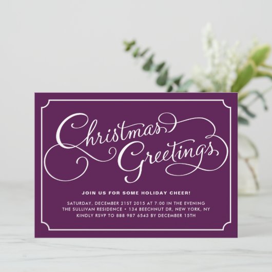 Classic Calligraphy Script Paarse Kerstparty Kaart (Staand voorkant)