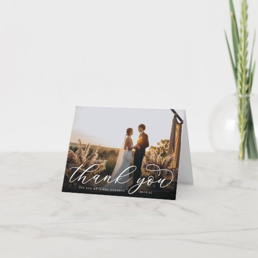 Classic Calligraphy Script Wedding Photo Folded Bedankkaart (Voorkant)