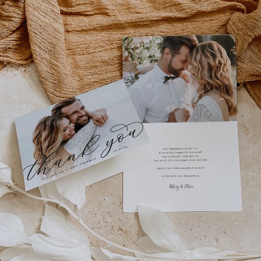 Classic Calligraphy Script Wedding Photo Folded Bedankkaart