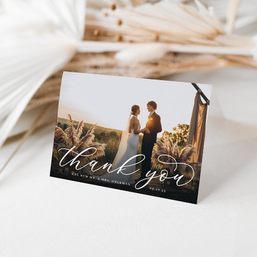 Classic Calligraphy Script Wedding Photo Folded Bedankkaart