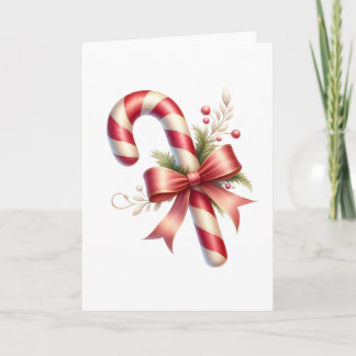 Classic Candy Cane with Red Satin Bow and Greenery Kaart
