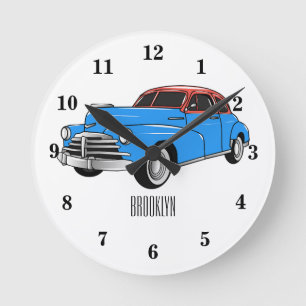 Classic car 1948 cartoon illustration ronde klok