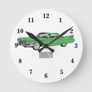 Classic car 1959 cartoon illustration ronde klok