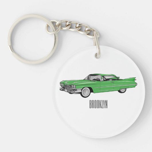 Classic car 1959 cartoon illustration sleutelhanger (Voorkant)