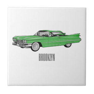 Classic car 1959 cartoon illustration tegeltje