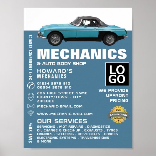 Classic Car, Auto Mechanic & Repairs Adverteren Poster (Voorkant)