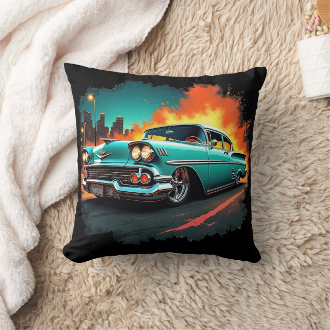 Classic Car Cushion with Neon Night Street Scene Kussen (Deken)