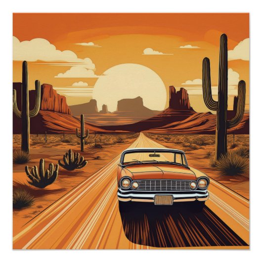 Classic Car Desert Sunset –  kunst voor roadtrips Perfect Poster (Voorkant)