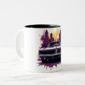Classic Car Mug with Urban Sunset Graffiti Style Tweekleurige Koffiemok (Voorkant links)