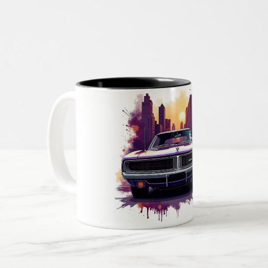 Classic Car Mug with Urban Sunset Graffiti Style Tweekleurige Koffiemok (Voorkant links)