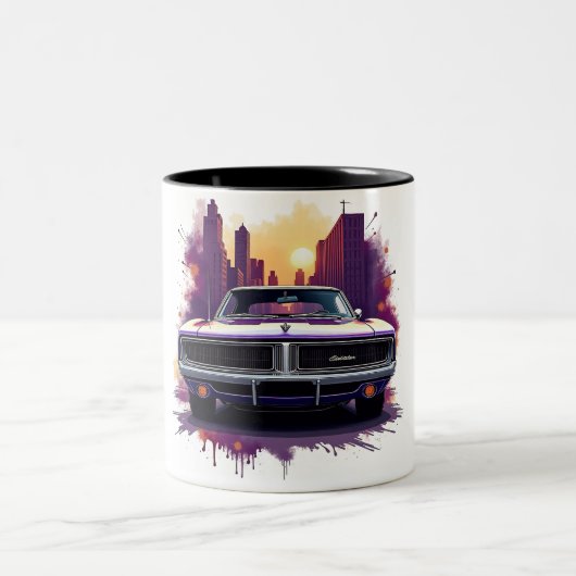 Classic Car Mug with Urban Sunset Graffiti Style Tweekleurige Koffiemok (Center)