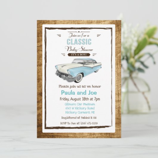 Classic Car Retro Baby shower Uitnodiging (Staand voorkant)