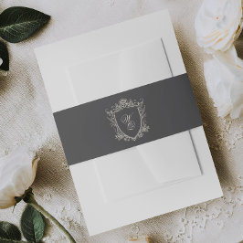 Classic Charcoal Monogram Floral Crest Wedding Uitnodigingen Wikkel