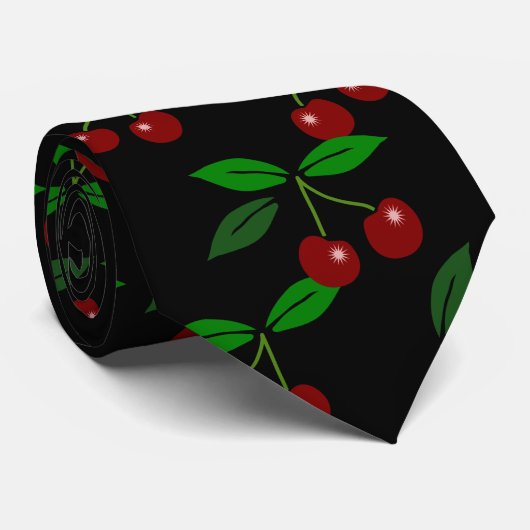 Classic Cherry Fruit and Leaf Custom Black Stropda Stropdas (Opgerold)