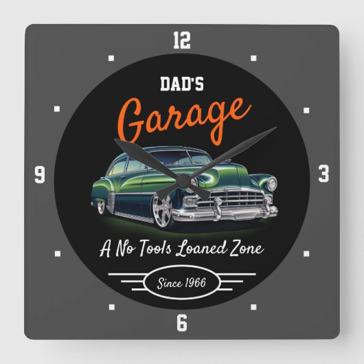 Classic Chevy auto Garage Papa's Any Name Zwart Gr Vierkante Klok (Voorkant)